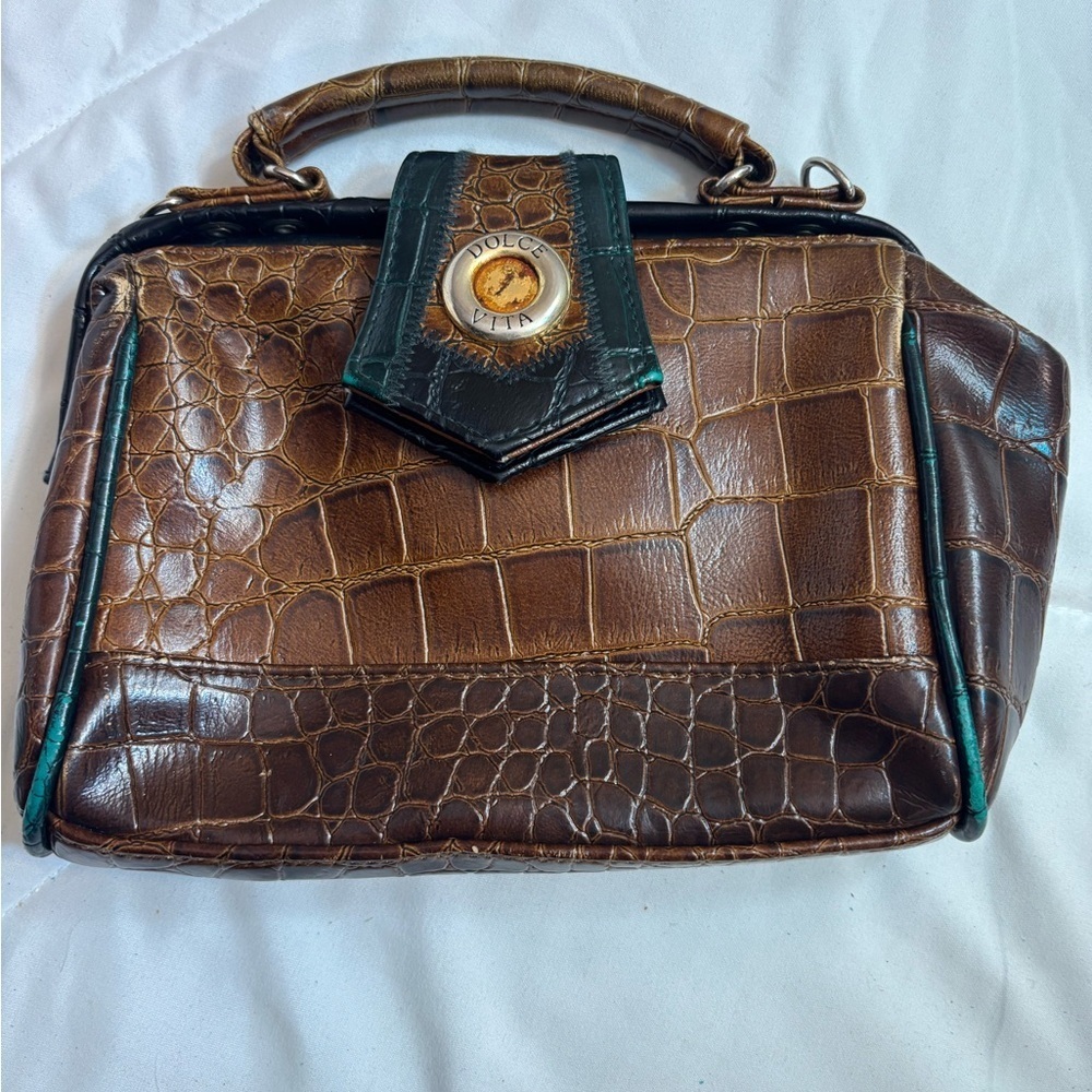 Vintage 80s Dolce Vita Brown Crocodile Leather Handbag Purse W/ Interior Mirror